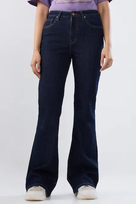 Navy Solid Flared Jeans